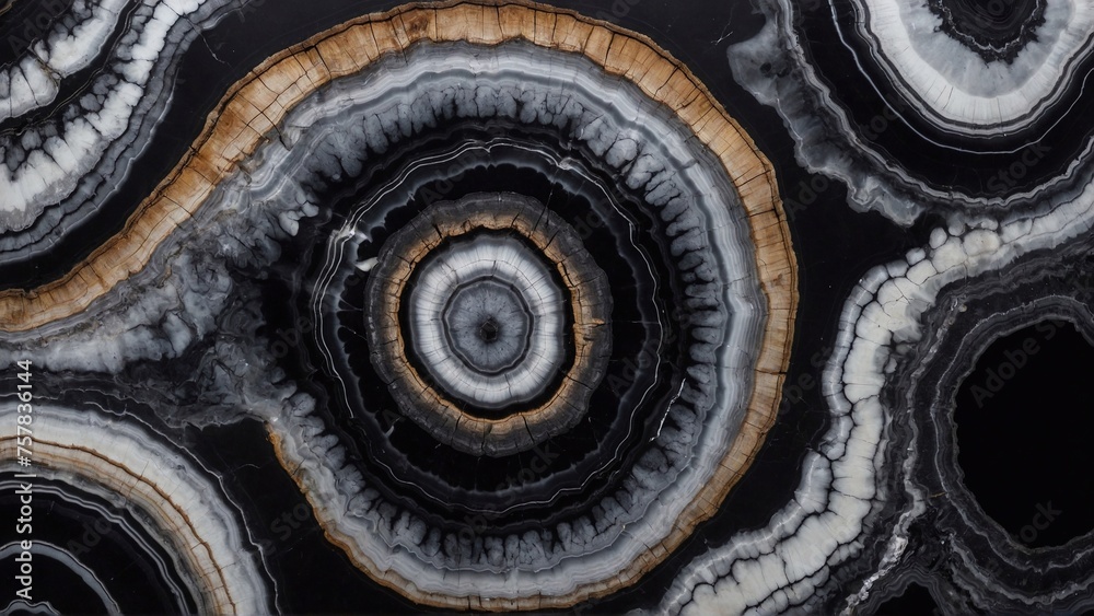 Close-up of black agate marble pattern with circles