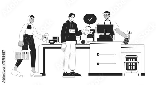 Man NFC contactless paying at checkout black and white 2D line cartoon characters. Diverse customers cashier isolated vector outline people. Buying groceries store monochromatic flat spot illustration