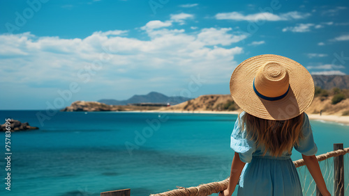 Summer beach holiday concept, woman in hat relaxing. © Artomoro