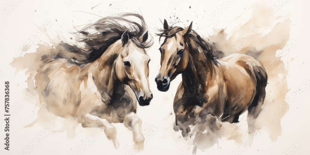 Watercolor paints of two horses on a white background. Illustration in pastel beige colors. - obrazy, fototapety, plakaty 