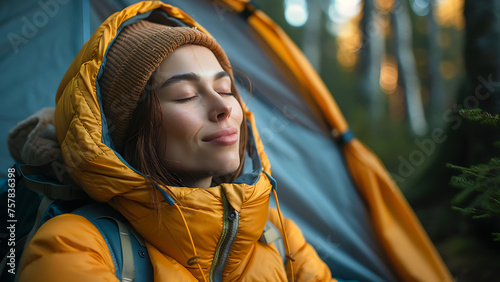 Smiling young woman in outdoor gear taking photos with a telephoto lens while camping in the woods