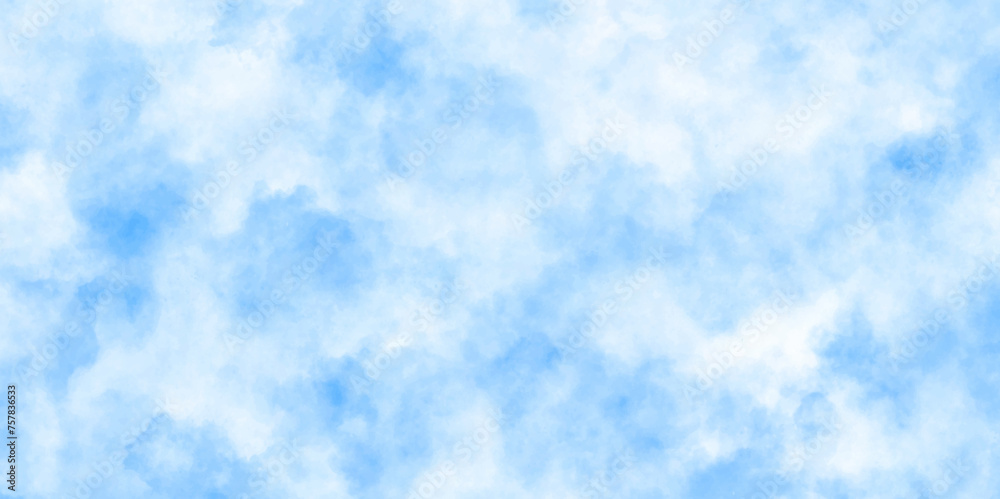 Panorama of blue sky and white cloud nature background. horizon spring morning sky with clouds background. hand painted watercolor shades sky clouds.