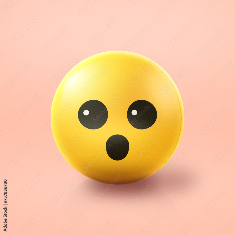 Fototapeta premium Surprised and amazed Emoji stress ball on shiny floor. 3D emoticon isolated.