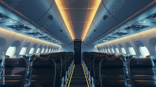 Symmetrical view of an airplane's interior with black seats and overhead lighting in the aisle.