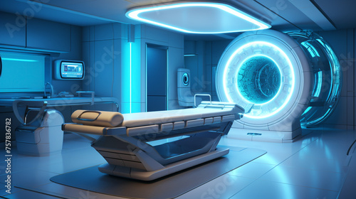 A radiology department featuring an MRI machine and a console for diagnostic imaging.