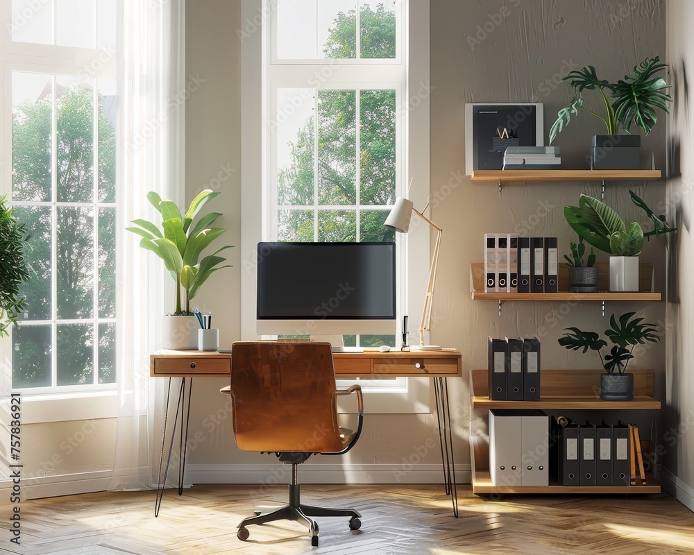 Fototapeta premium Contemporary home office with a wooden desk, plants, and sunlight through windows.