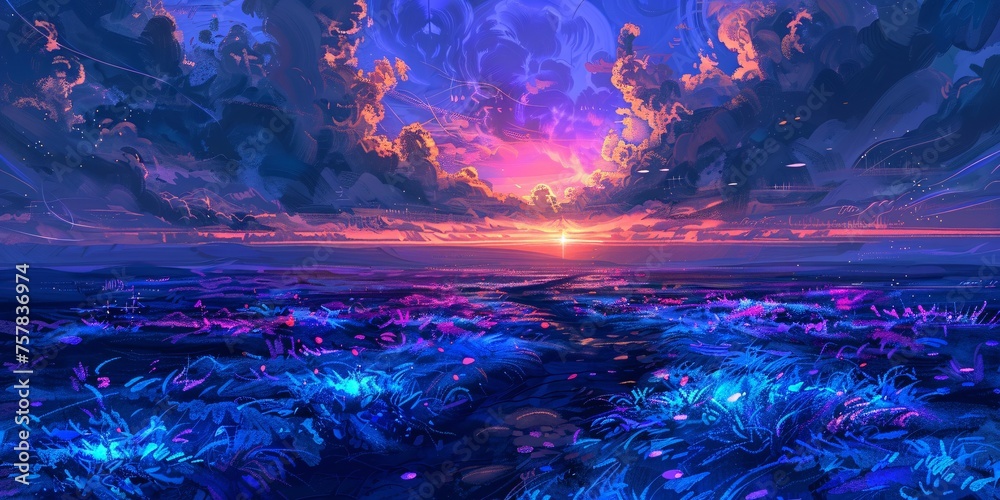 Obraz premium Purple Sunset in the Fields: A Colorful and Dreamy Scene Generative AI