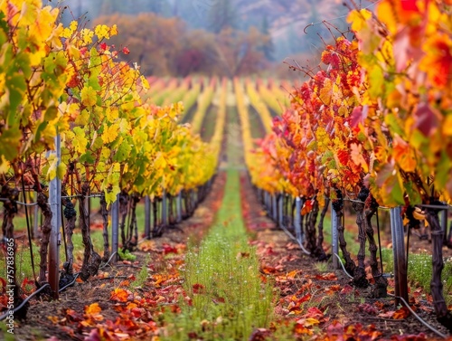 Vibrant autumn colors in a vineyard with rows of grapevines leading into the distance.