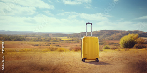 Yellow travel suitcase on the side of the road with a rural landscape. Vacation in popular tourist places.