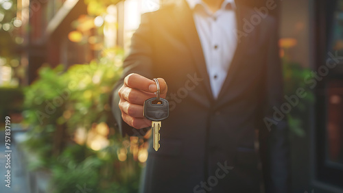 A person in a business suit, holding keys, stands in front of a real estate property.