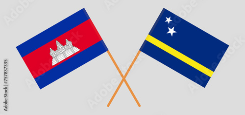 Crossed flags of Cambodia and Country of Curacao. Official colors. Correct proportion