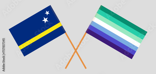 Crossed flags of Country of Curacao and gay men pride. Official colors. Correct proportion