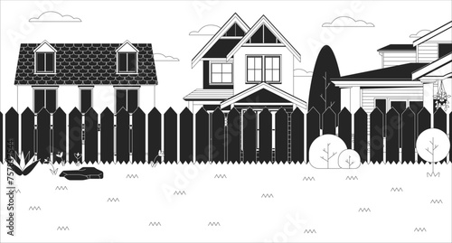 Cottage backyard with green lawn black and white line illustration. Summer suburban courtyard 2D landscape monochrome background. Tranquil yard of residential house outline scene vector image