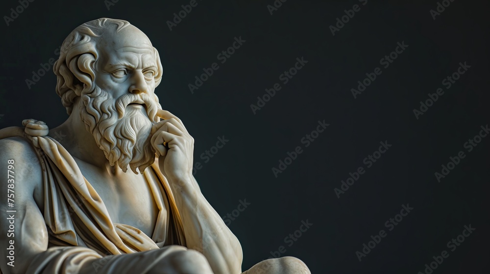 Obraz premium Beautiful Black Background with Simple Socrates Statue and Copy Space - Minimal Quote Or Text Area