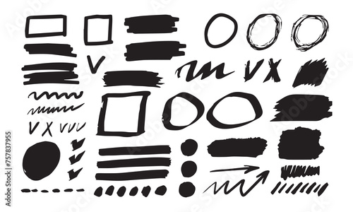 Hand drawn sketch black marker, brushed signs, lines, shapes, handwritten, marker design elements set