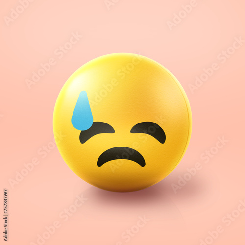 Nervous sweatdrop Emoji stress ball on shiny floor. 3D emoticon isolated.