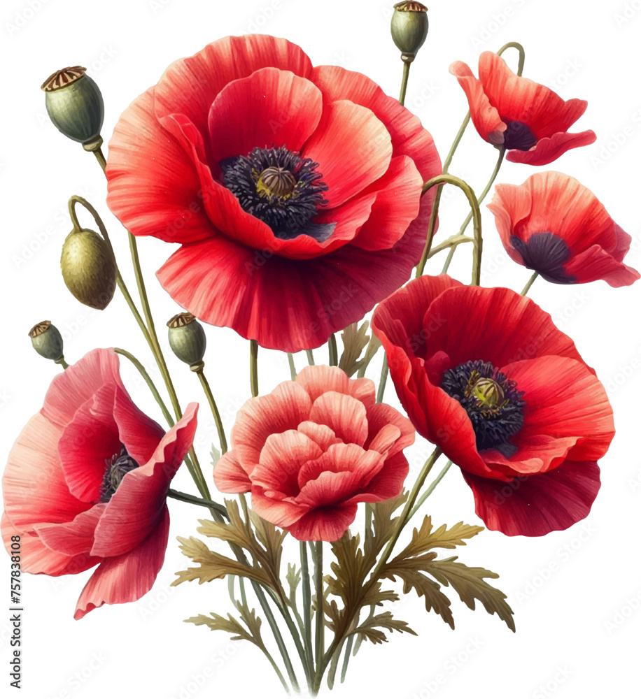 Poppy Flowers Bundle Vector Illustration