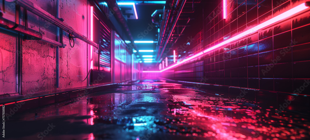 A cyberpunk city alleyway at night, bathed in neon lights. The wet ground reflects the mesmerizing blend of blue and purple hues, creating an urban mystery.