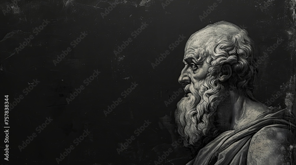 Minimalist Greek Philosopher Socrates Sketch On Black Board With Blank Side Space