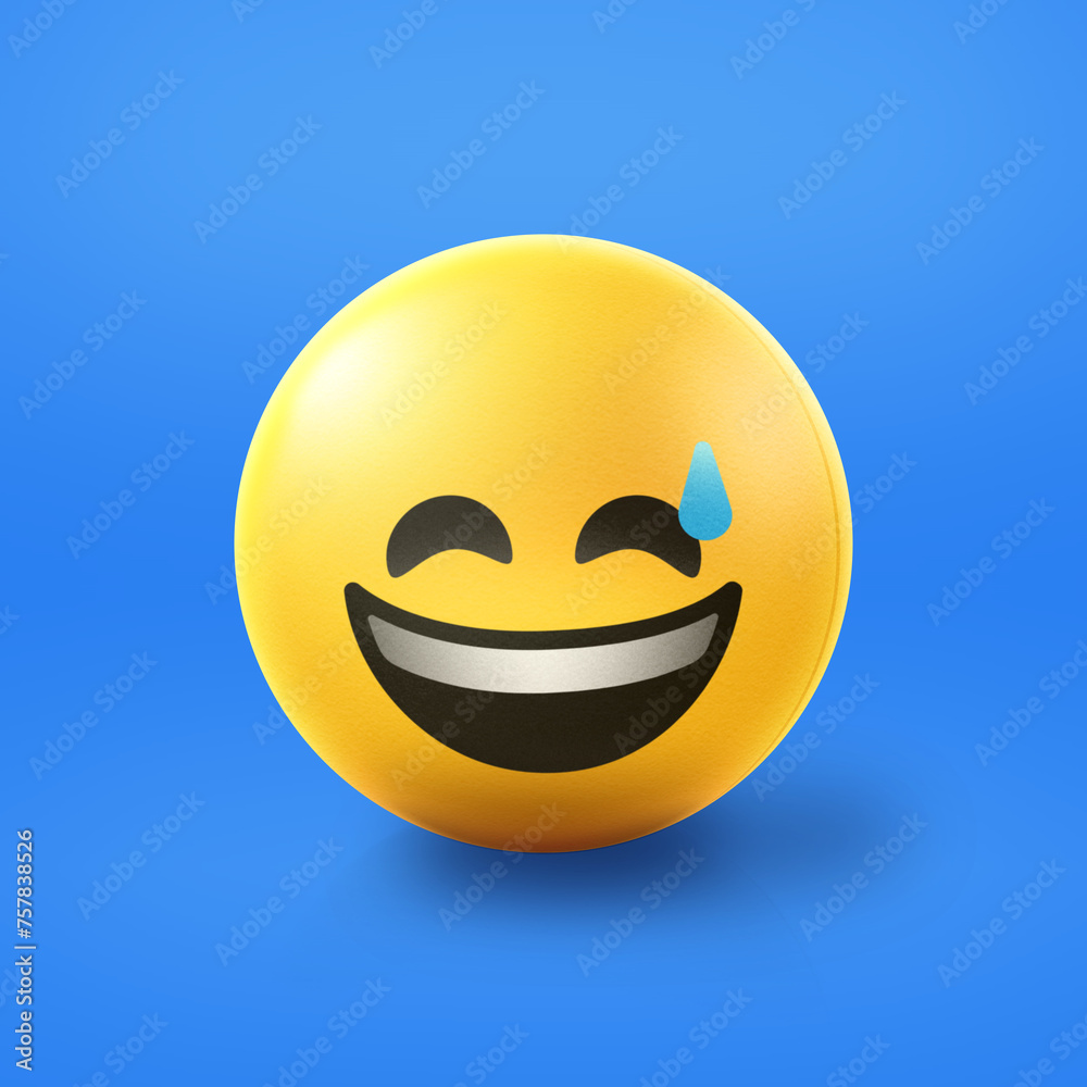 Fototapeta premium Sweatdrop smiling Emoji stress ball on shiny floor. 3D emoticon isolated.