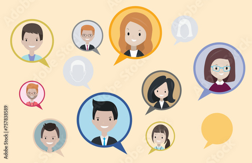 Comment speech bubble design with male and female cartoon character people, vector design