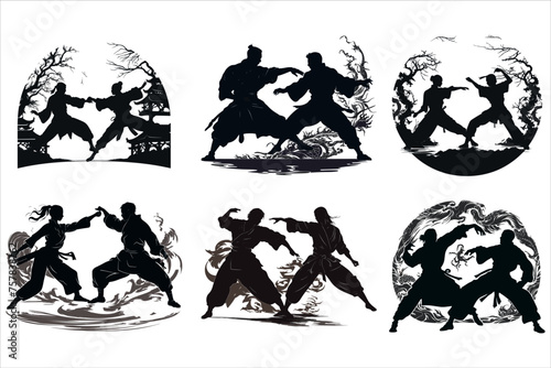 martial karate silhouette icon set   karate silhouette  martial silhouette bundle with various poses