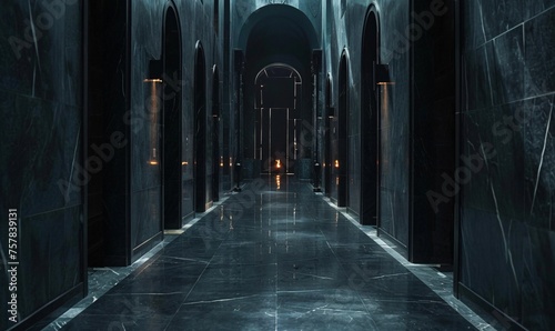 A Dark and Mysterious Hallway with a Candlelit Atmosphere Generative AI