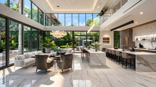 Luxurious Miami Mansion with Modern Open-Plan Kitchen and Lush Greenery View