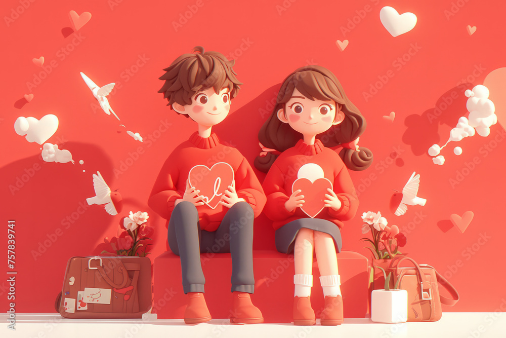 Two animated characters holding heart shaped objects surrounded by heart shaped balloons Two animated characters holding heart shaped objects surrounded by heart shaped balloons