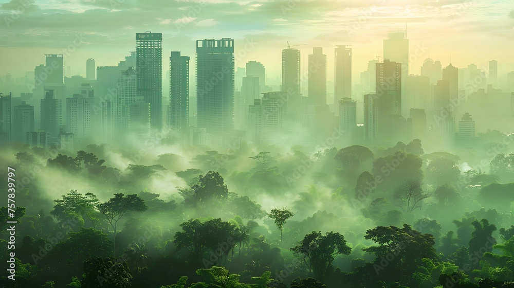Panorama of the city and forest in the morning, Earth day concept 