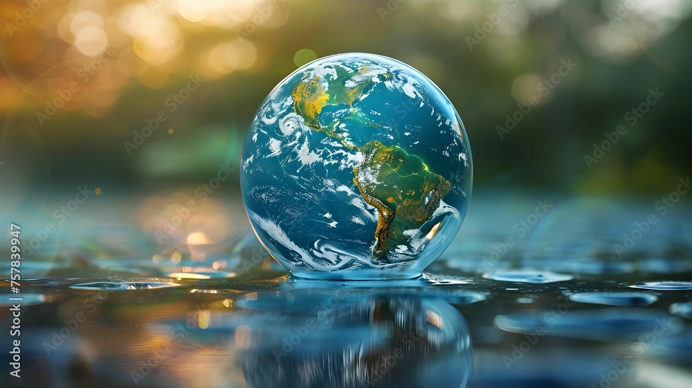 Globe on the surface of water and sunlight, Earth day concept Globe on the surface of water and sunlight, Earth day concept