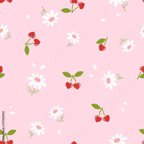 Seamless pattern with cherry fruit, green leaf and cute flower on pink background vector. Cute fruit print .