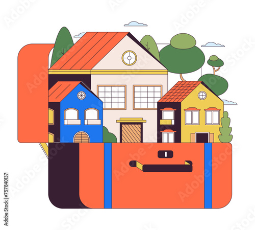Packing city in suitcase 2D linear illustration concept. Travel bag houses urban scene cartoon object isolated on white. Luggage suburban. Baggage homes metaphor abstract flat vector outline graphic