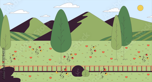 Railroad hill cartoon flat illustration. Railway hillside 2D line scenery colorful background. Countryside rail line. Summer outdoors. Sunny day grass mountains scene vector storytelling image