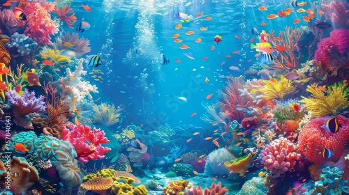 A coral reef and exotic fish are depicted in this underwater scene