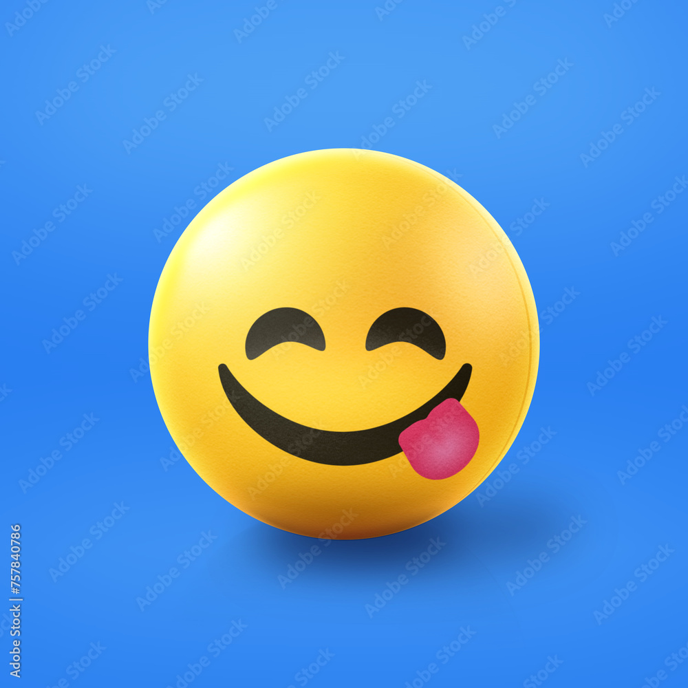 Naklejka premium Tongue out hungry Emoji stress ball on shiny floor. 3D emoticon isolated.