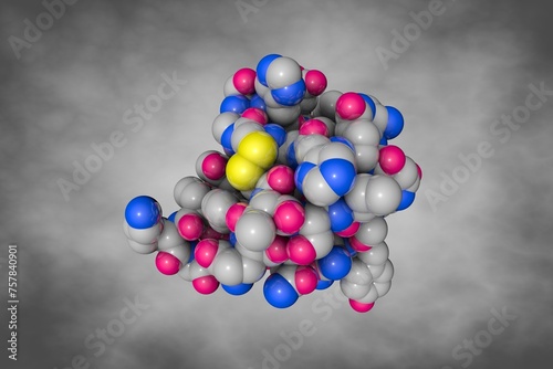 Human insulin. Space-filling molecular model on gray background. Rendering based on protein data bank entry 3i3z. Scientific background. 3d illustration
