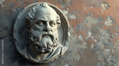 3D Concrete Philosophy Mockup of Ancient Socrates with Broken Statue and Empty Space Wall