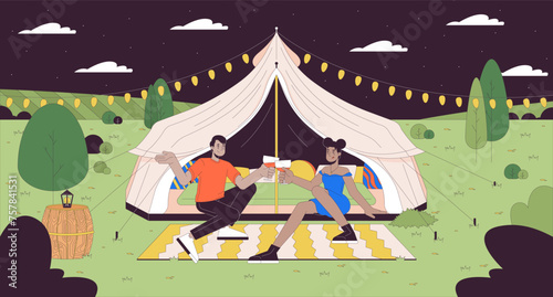 Romantic glamping people cartoon flat illustration. Luxury tent couple glasses clinking 2D line characters colorful background. Date night outdoors. Cheers wineglasses scene vector storytelling image