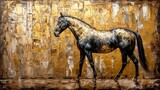 A large stroke oil painting. Art painting, gold, horse, wall art, modern art, paint spots, paint strokes, knife painting. A large stroke oil painting for a wall.