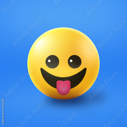 Tongue out happy Emoji stress ball on shiny floor. 3D emoticon isolated.