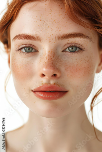 beautiful redhead young woman with freckles isolated 
