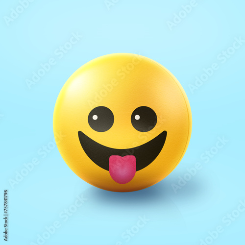 Tongue out happy Emoji stress ball on shiny floor. 3D emoticon isolated.
