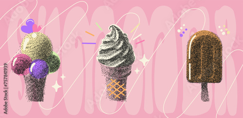 Trendy summer ice creams elements collage with a retro halftone photocopy effect. Different types of ice cream with Grain reticulation texture . Y2k vector grungy design photo