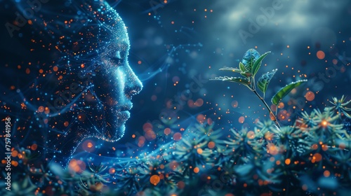 Concept of mental health, learning, and knowledge displayed as a sprout on a dark night background, illustrating the idea of growth mindset in a digitally enhanced style. photo