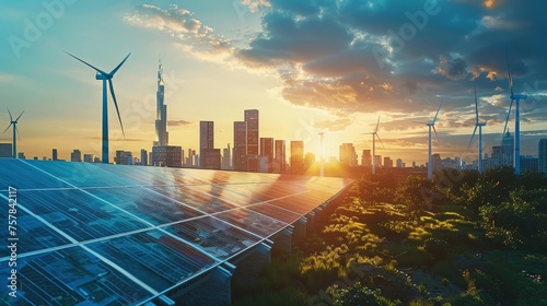 Stunning sunsetbacklight with frameless solar panels, battery energy storage facility, wind turbines, and big city skyscrapers in background.