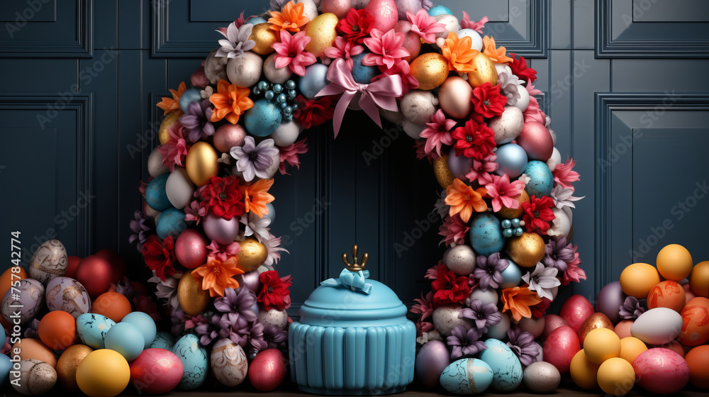 Easter greeting card design with colorful Easter wreath.