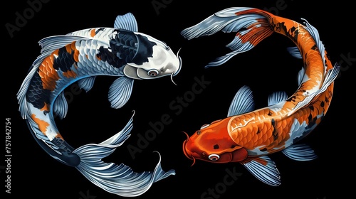 two koi fish swimming in a circle in a dark background. forming a yin and yang symbol photo
