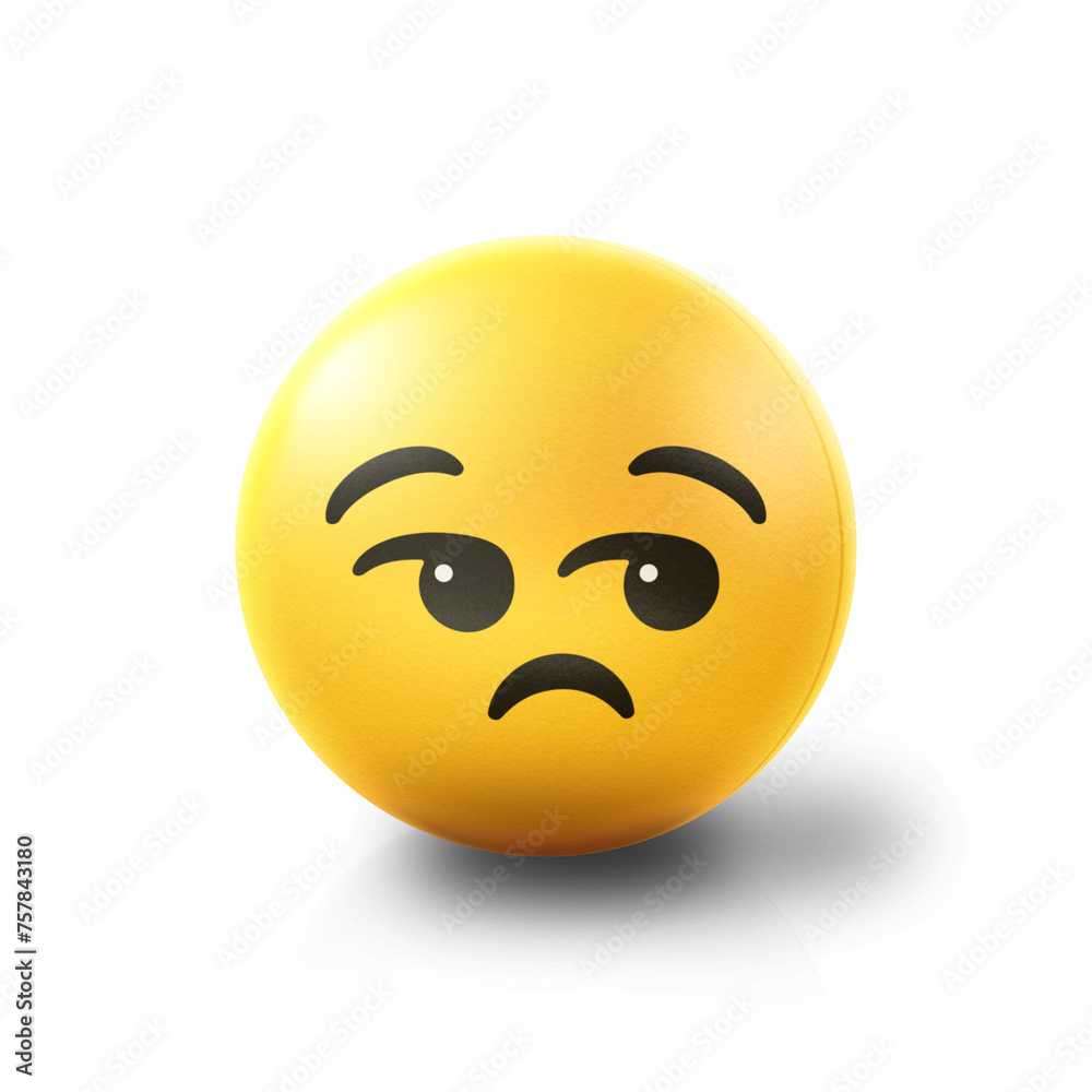 Fototapeta premium Bored and unamused Emoji stress ball on shiny floor. 3D emoticon isolated.
