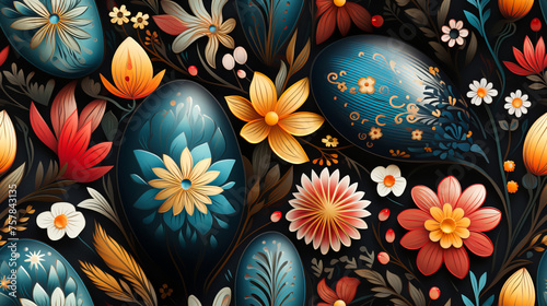 A seamless pattern featuring Easter eggs intertwined with vibrant spring flowers. photo